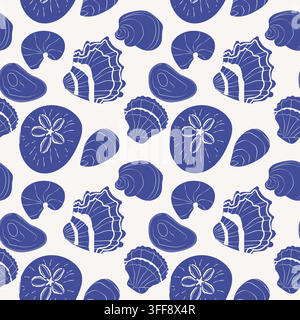 Muschelhand gezeichnetes Muster in blauer Farbe. Mediterranische Meerestiere im Doodle-Stil. Verspielter Küsten-Sommerdruck für Textilien, Stoffdesign. Stock Vektor