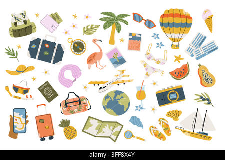 Elemente für den Sommerurlaub am Strand mit Flugzeug und anderen Verkehrsmitteln, Flip-Flops und Flamingo, Palme. Gepäck-Symbole mit Essentials im Cartoon-Flachstil. Stock Vektor