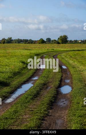 Ein ländlicher Feldweg mit schlammigen Pfützen windet sich durch üppige grüne Wiesen. Eine friedliche Landschaft auf dem Land unter einem blauen Himmel mit sanften weißen Wolken an einem sonnigen Stockfoto