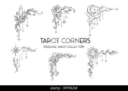 Handgezeichnete himmlische Tarot-Eckskizzen mit Blumenornamenten, Mond-, Sonnen-, Kristall- und Schlüsselsymbolen auf Weiß Stock Vektor