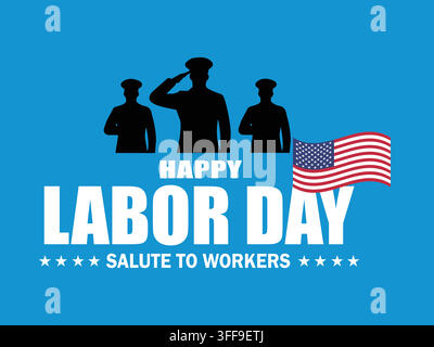 Eine patriotische Happy Labor Day-Grafik mit Silhouetten von salutierenden Soldaten vor dem Hintergrund der amerikanischen Flagge Stock Vektor