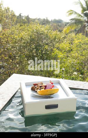 Ein weißes schwimmendes Pooltablett hält einen Teller mit frischen tropischen Früchten – darunter Drachenfrucht, Passionsfrucht, Rambutan und Papaya – in einem türkisen I Stockfoto