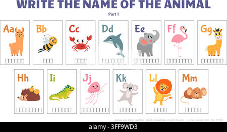 Schreibnamen von Tierkindern Wortspielkarten. Satz von Cartoon-Tieren, vom Buchstaben a bis m Alphabet. Nenne Charakternamen, educatives Spieltemplate Stock Vektor