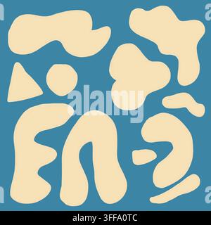 Modernes abstraktes Design mit organischen cremefarbenen Flecken und Formen auf einem lebendigen blauen Hintergrund, perfekt für zeitgenössisches Digitales. Stockfoto