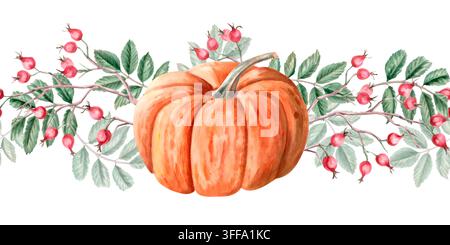 Ein nahtloser Aquarellrahmen mit Kürbissen und Hagebutten. Eine herbstliche Atmosphäre für Branding: Hofläden, Bäckereien, Grußkarten, Inneneinrichtung Stockfoto