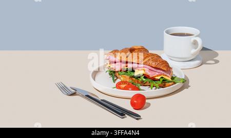 Croissant-Sandwich mit Schinken, Käse, Tomate und Rucola auf einem Teller vor einem hellen Hintergrund mit einer Tasse frisch gebrühtem Kaffee. Konzept für ein gesundes Frühstück Stockfoto