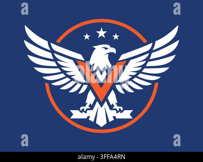 Ein majestätisches Weißkopfseeadler-Emblem mit einem fetten orangefarbenen Buchstaben v in einer Ovalform Stock Vektor