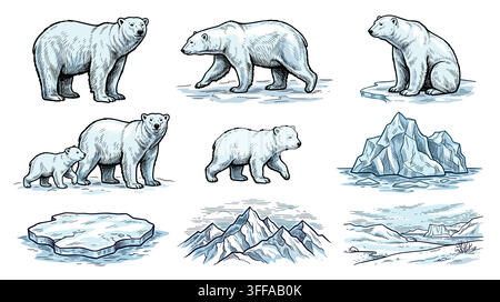 Eine Sammlung von Eisbären-Illustrationen mit Eisbergen und arktischen Landschaftselementen. . Stock Vektor
