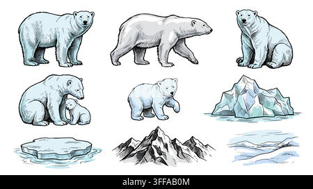 Eine Sammlung von Eisbären-Illustrationen mit Eisbergen und arktischen Landschaftselementen. . Stock Vektor