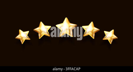Realistische Goldsterne. 3D goldener fünf-Sterne-5-Stern-Icon, Bewertungsabzeichen Premium-Qualität Auszeichnung Trophäe exzellenter Service gelber Glitzer Metallballonform Y2K-Vektorillustration Originalgrafik Stock Vektor