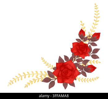 Handgezeichnete Blumenecke mit roten Rosen und goldenen Zweigen Stockfoto