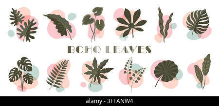 Böhmische florale tropische Pflanzen, boho-organische Monstera-Blätter mit abstrakten geometrischen Formen. Modernes Boho-Kunst-Tropenblätter-Set von Monstera, Philodendren Stock Vektor