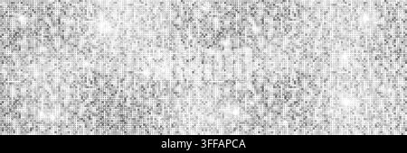 Silberner Schimmer-Hintergrund und Paillettenpanel, glänzende Mosaik-Disco-Party-Glitter-Gitter-Textur, Spiegel-Sterne-Ball-Hintergrund. Vektor-weißer Funkel-Hintergrund, nahtlos Stock Vektor