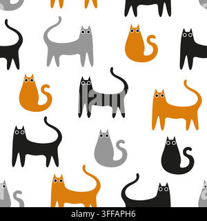 Ein bezauberndes nahtloses Muster mit stilisierten, minimalistischen Cartoon-Katzen in Schwarz, Orange und Grau auf weißem Hintergrund. Geeignet für Stoffdesign Stock Vektor