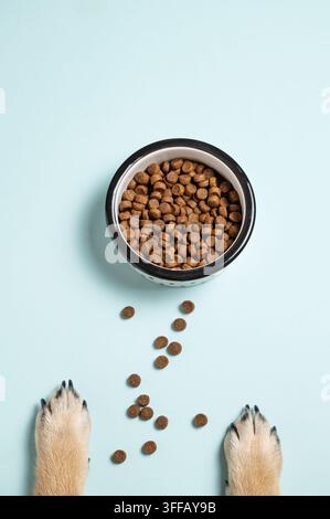 Eine Schüssel mit Trockenfutter und Hundepfoten auf blauem Hintergrund. Haustierpflege- und Ernährungskonzept für die Werbung oder ein Banner eines Zoofachhandels. Ansicht von oben, Platz für Text. Stockfoto