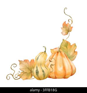 Handgezeichnete Illustration eines eleganten Eckrahmens mit Kürbissen und Blättern Stockfoto