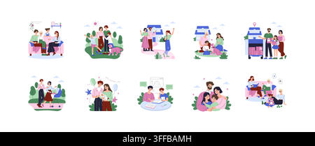 Vektorillustrationsset zum Thema Familienleben mit Eltern, Kindern und Großeltern, die Zeit zusammen zu Hause und im Freien verbringen, lernen, umziehen, sich um Kinder kümmern und Zuneigung teilen Stock Vektor
