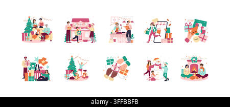 Weihnachtsfeiertags-Vektor-Illustrationsset mit Familie, die zu Hause feiert, online einkauft, Geschenke austauscht, gemeinsam kocht, einen Schneemann baut und am Kamin entspannt Stock Vektor
