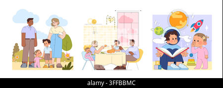 Familien-Erziehungs-Set mit Erwachsenen und Kindern, die im Freien stehen, zu Hause eine Mahlzeit teilen und zusammen ein Weltraum-Themenbuch lesen. Vektorillustration über Fürsorge, Lernen und Alltag Stock Vektor
