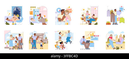 Sammlung von Familienlebensstil-Vektorillustrationsszenen mit Elternschaft, Kinderbetreuung, Schule, Unterricht, Arbeit, Einkaufen und Haushaltroutinen in verschiedenen alltäglichen Momenten Stock Vektor