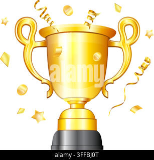 Preisträger-Konzept - Goldene Trophäe im realistischen 3D-Stil mit Luftschlangen und Konfetti auf transparentem Hintergrund. Vektorillustration Stock Vektor