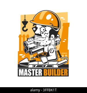 Das Builder-Maskottchen-Logo Cartoon. Daumen hoch Bauarbeiter-Charakter. Logo-Vorlage für jede Unternehmensidentität Architektur, Immobilien, Wohnen Stockfoto