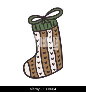 Weihnachtsstrumpf-Vektorillustration. Gestrickter Feiertagsstrumpf mit Schleifenband isoliert auf Weiß Stock Vektor