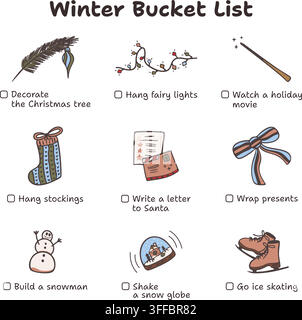 Winter-Wishliste. Weihnachtsferien-Planer To-Do-Checkliste-Aktivität. Doodle. Vektorillustration Stock Vektor