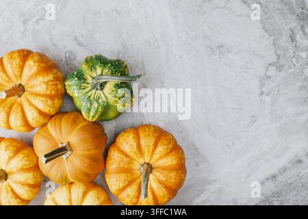 Eine Sammlung von Mini-Dekoration Kürbissen in orange und grünen Tönen wird auf einer strukturierten grauen Oberfläche angezeigt, perfekt für Halloween und herbstliche Dekorationen Stockfoto