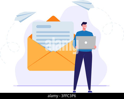 E-Mail und Korrespondenz im Internet. Mann, der Briefe oder Nachrichten sendet, Stockillustration. Stock Vektor