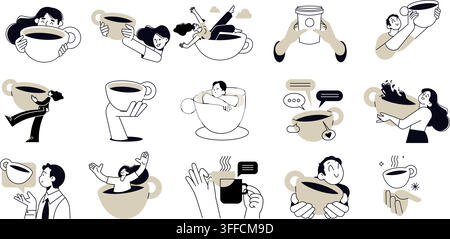 Kaffeeliebhaber-Vektor-Konzept-Ikonen-Set mit riesigen Kaffeetassen, Menschen, die in Teetassen entspannen, To-go-Kaffee-Pappbecher und Morgen-Koffein-Kunst. Stock Vektor