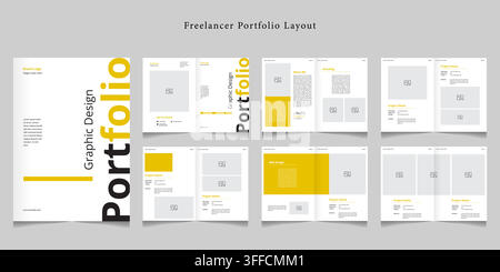 Freelancer-Portfolio-Broschürenlayoutvorlage mit gelben Akzenten, Cover-Seitendesign, mehrseitiger Ausbreitung, Bildplatzhaltern und klarer Typografie. Stock Vektor