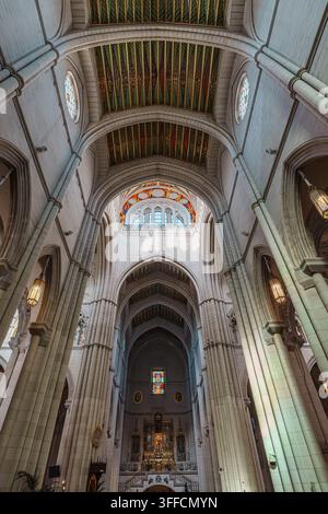 Madrid, Spanien: 7. Apr. 2025 – Gerippte gotische Bögen und lebhaft bemalte Deckenpaneele erheben sich über den Buntglas-Rosenfenstern im Langhaus der Almudena-Kathedrale Stockfoto