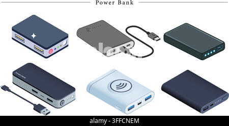 Isometrisches Powerbank-Vektorset mit tragbaren externen Ladegeräten, USB-Kabeln und kabellosen Ladestationen für mobile Geräte und Technik Stock Vektor