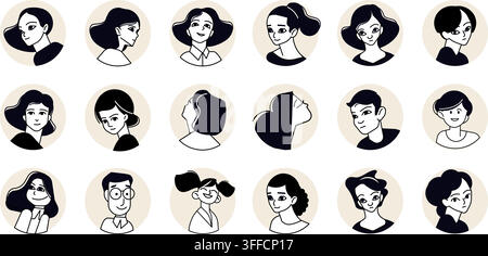Verschiedene Linienart-Avatare mit minimalistischen, handgezeichneten Porträts von Männern und Frauen in kreisförmigen Rahmen für Profilicons und Community-Design. Stock Vektor