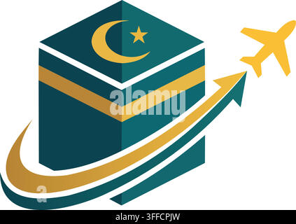 Islamische Pilgerreise-Symbol mit der Kaaba, einem Halbmond und einem aufsteigenden Flugzeug Stock Vektor