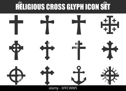Eine Sammlung von zwölf verschiedenen schwarzen religiösen Kreuz-Glyphen-Ikonen auf weißem Hintergrund Stock Vektor