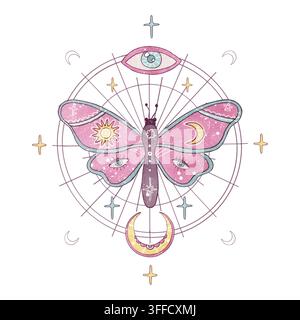 Esoterische Illustration mit magischem kosmischem Schmetterling, drittem Auge, Halbmond und runder heiliger Geometrie. Aquarellgrafik isolierte Illustration Stockfoto