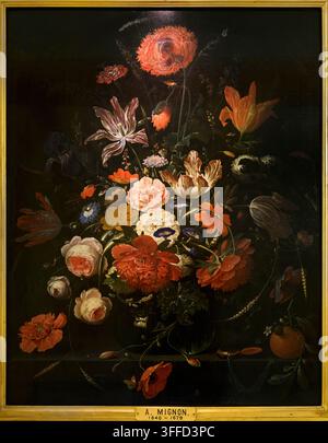 Blumen in einer Glasvase, ca. 1670, Abraham Mignon (1640-1679), Mauritshuis-Museum, Den Haag, Niederlande Stockfoto