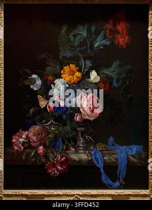 Blumenstilleben mit einer Uhr, 1663, Willem van Aelst (1627-1683), Mauritshuis-Museum, Den Haag, Niederlande Stockfoto