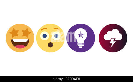 Emoji-Set mit ausdrucksstarken Gesichtern und kreativen Symbolen für digitale Nachrichten-Apps und Benutzeroberflächendesign Stock Vektor