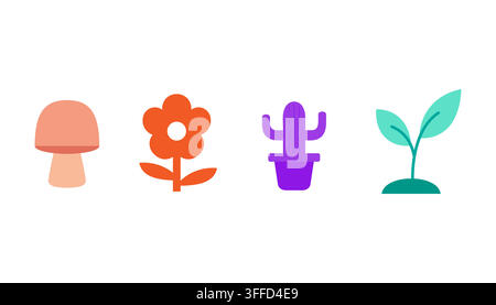 Farbenfrohes Natur-Ikonen-Set mit Pilz, Blume, Kaktus und Spross für minimalistisches Webdesign und kreative Benutzeroberfläche Stock Vektor