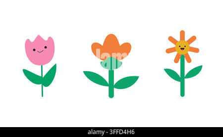 Niedliches Blumen-Symbol-Set mit farbenfrohen Frühlingsblüten und lächelnden Gesichtern für die Kinderbildung und fröhliche Markenbildung Stock Vektor