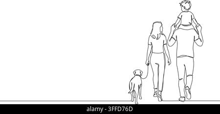 kontinuierliche Linienzeichnung einer glücklichen Familie mit einem Hund, die von hinten zusammen gehen, Linienkunst-Vektorillustration Stock Vektor
