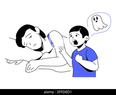Junge, der vor einem Geist Angst hat - Farbige Flachdesign-Illustration Stock Vektor