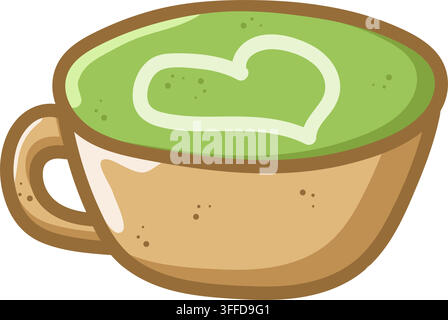 Cartoonartige Illustration einer hellbraunen Tasse gefüllt mit grünem Matcha-Latte mit einem weißen herzförmigen Schaumdesign. Gemütliche Café-Kunst perfekt fo Stock Vektor