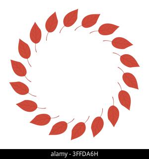 Rundlicher Kranz aus roten Blättern, die in einem symmetrischen Muster angeordnet sind, mit sichtbaren Adern und Stielen. Elegantes dekoratives Design, perfekt für saisonale Kunstwerke Stockfoto
