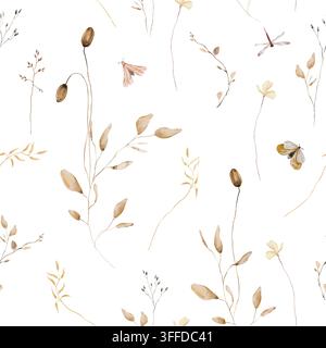 Handgemaltes Aquarell-Muster ohne Naht mit getrockneten Samenkapseln, goldenen Weizenhalmen, luftigen Gräsern, braunen Blättern, Motten und Libelle, verstreute neutrale Farben Stockfoto