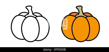 Kürbis-Linien- und Farbikone. Orange Herbstkürbis-Doodle-Vektorillustration. Niedliches kühnes Umriss-Erntesymbol für Halloween, Thanksgiving, Herbst Stock Vektor