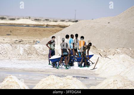 Eine Gruppe von Salzarbeitern arbeitet mit Schubkarren und Handwerkzeugen in den Salzfeldern der Danakil-Senke in Afar, Äthiopien. Stockfoto